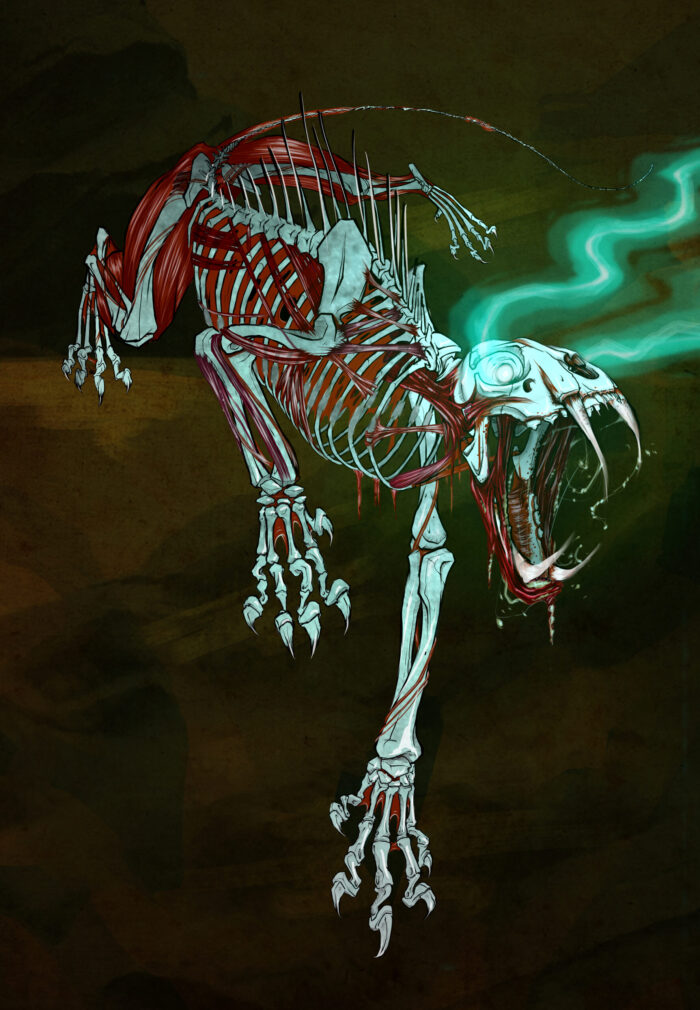 Skeletal saber-toothed creature with glowing blue spirit energy