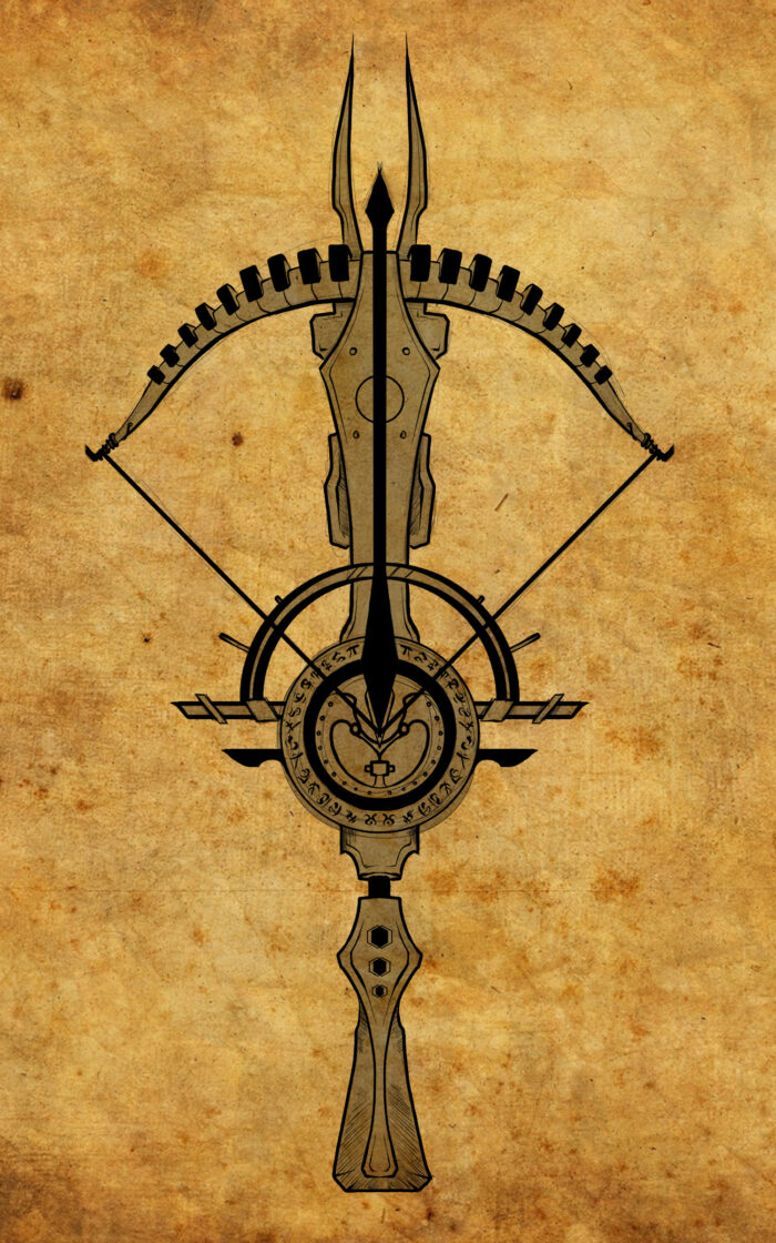Ornate fantasy crossbow illustrated on an aged parchment background