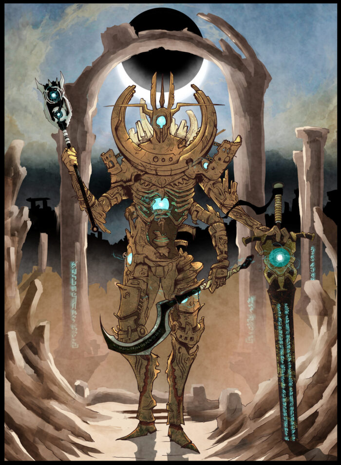 Armored fantasy king with glowing blue details standing beneath a dark eclipse