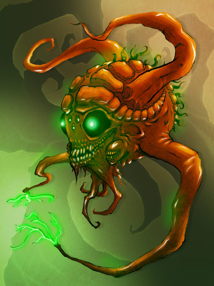 Orange tentacled fantasy creature with glowing green eyes and magical energy