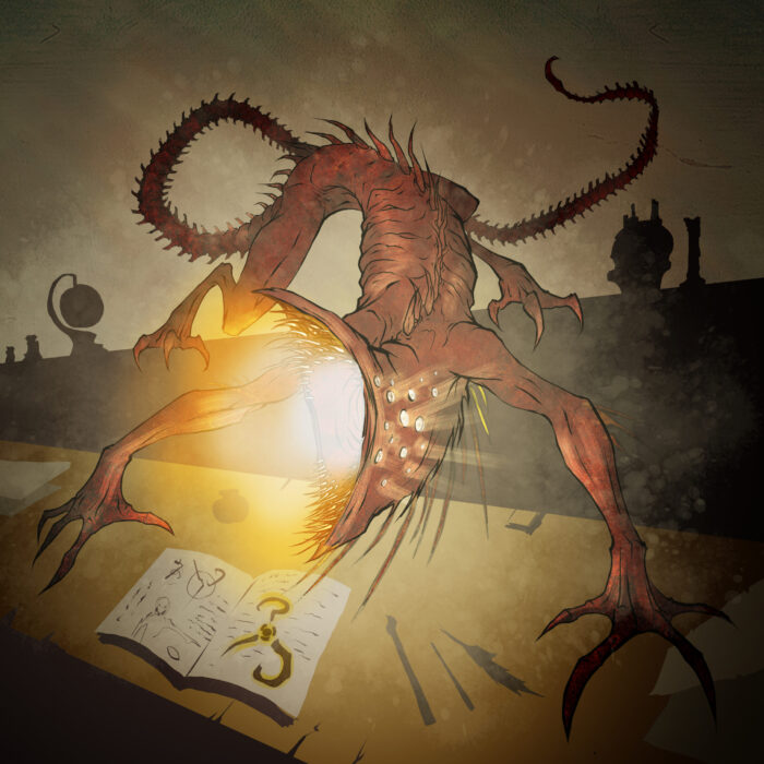 Red otherworldly creature looming over a desk with an open book