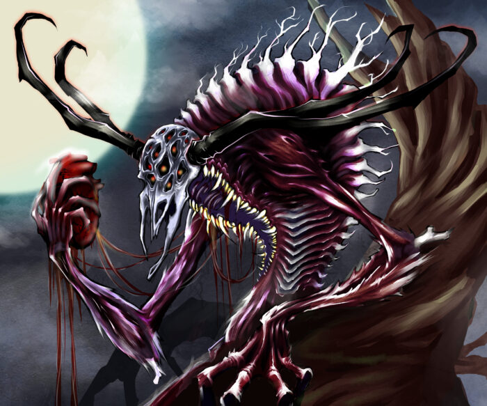 Horned skeletal fantasy creature holding a heart beneath a full moon