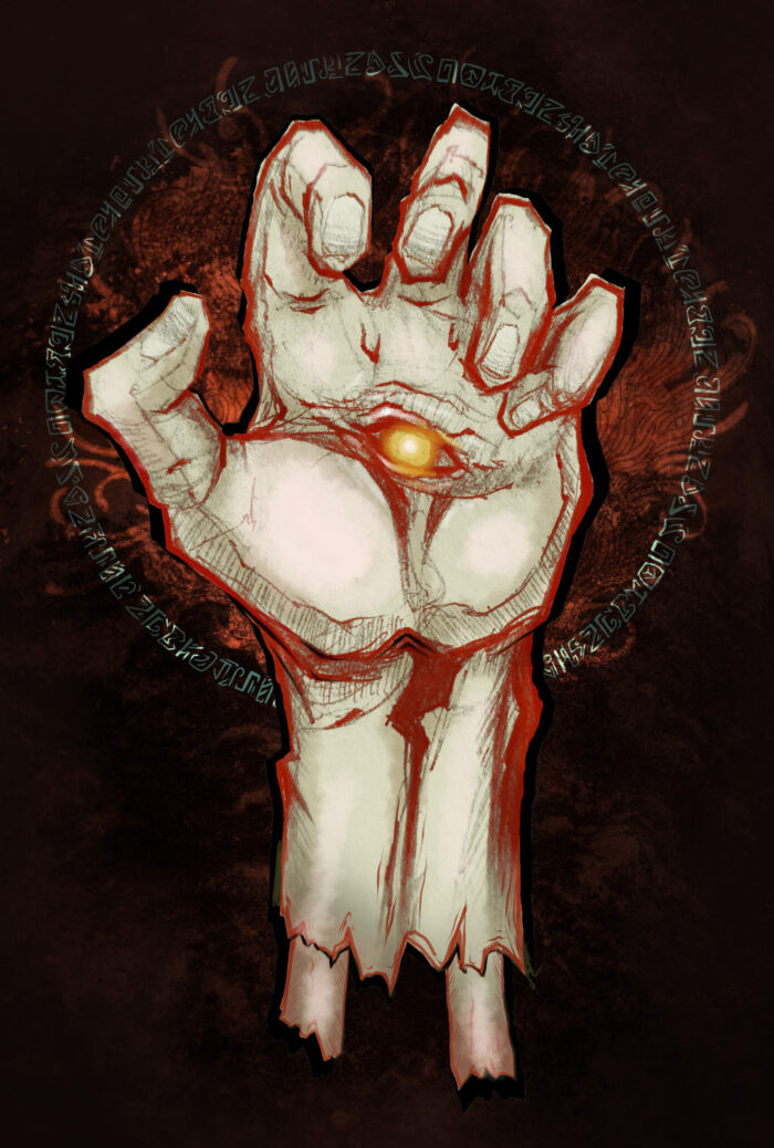 Pale illustrated hand with a glowing eye in its palm surrounded by arcane symbols