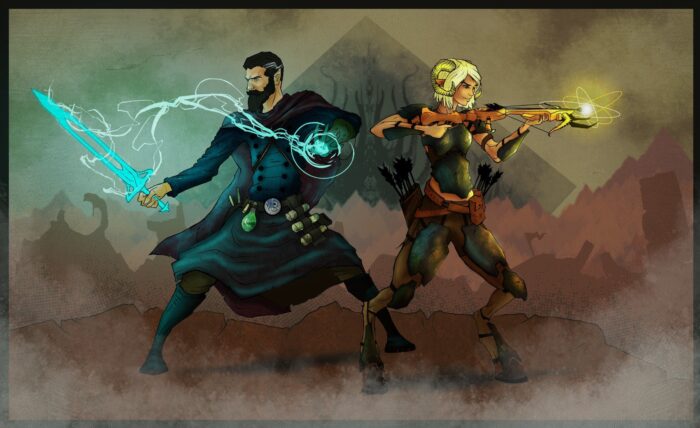 Fantasy warrior and archer wielding glowing magical weapons